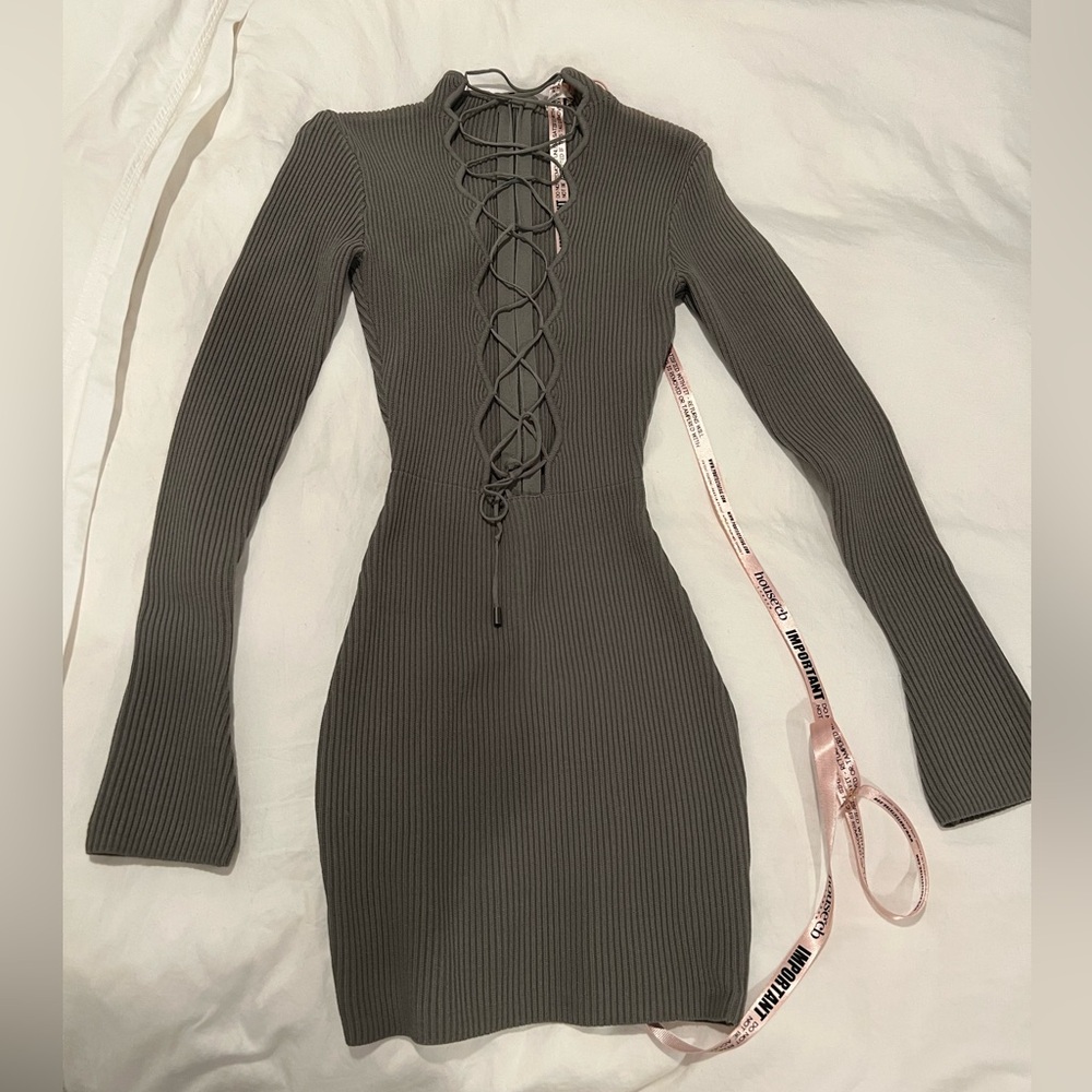House of CB Olive Long Sleeve Dress with Shearling Jacket